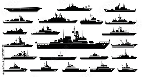 Set of warship silhouettes, naval fleet, military ships, navy vessels, collection
