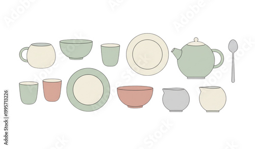 Ceramic tableware set vector with mugs cups bowls plates and teapot minimal kitchen utensils collection