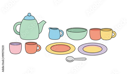 Colorful ceramic kitchenware set with cups bowls plates and tea set flat vector illustration