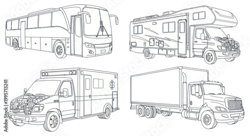 Vehicle Outline Collection: Bus, RV, Ambulance, Truck - Line Art Vector Set