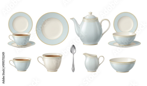 Porcelain tableware collection with cups plates bowls and teapot realistic kitchen vector set