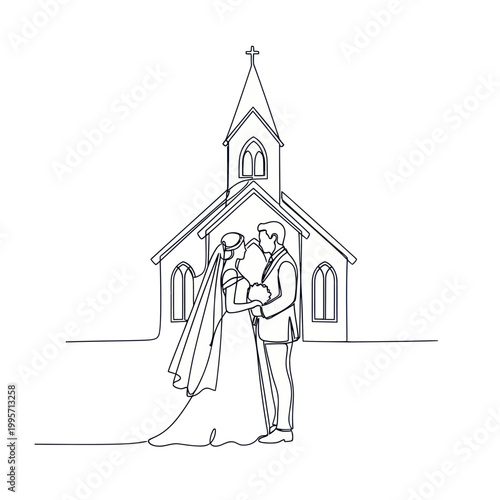 Wedding Couple Kissing in Front of Church, Continuous Line Art