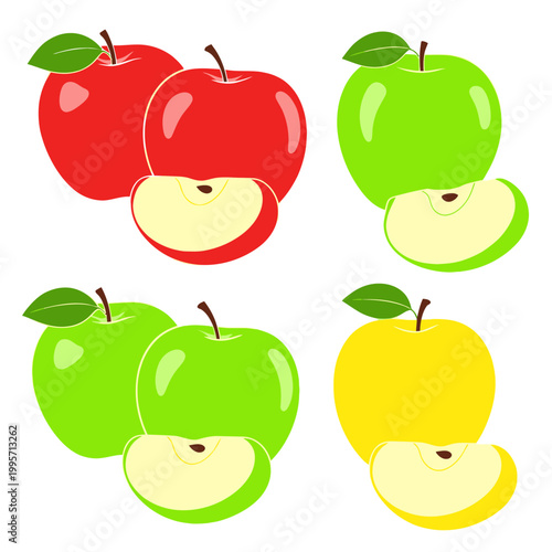 Variety of Apples: Red, Green, and Yellow Fruits with Slices