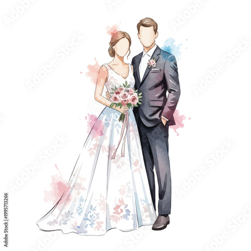 Watercolor Wedding Couple Illustration - Bride and Groom Portrait