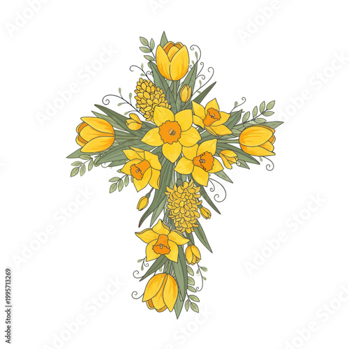 Spring Flower Cross Arrangement - Yellow Tulips and Daffodils