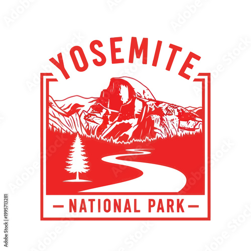 Yosemite National Park Emblem with Half Dome and River - Red Graphic Stamp