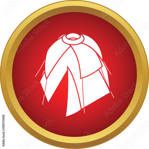 Camping tent icon representing outdoor recreation and adventure in a round red button