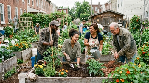 Diverse group gardening together outdoors.