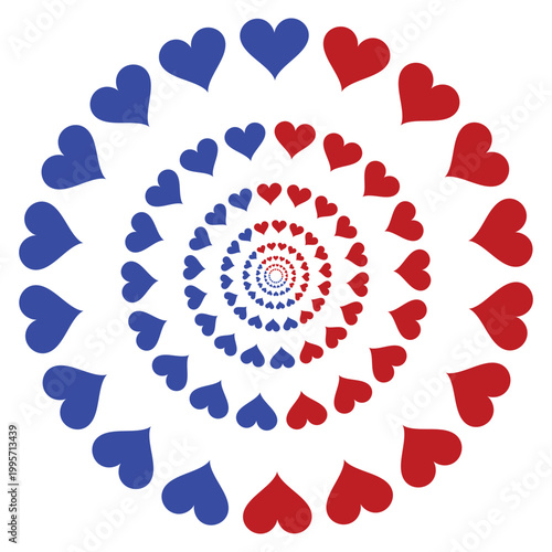 Abstract Red Blue Heart Spiral Pattern, Romantic Geometric Love Background, Valentine Concept, Symmetrical Circular Design, Modern Artistic Illustration.