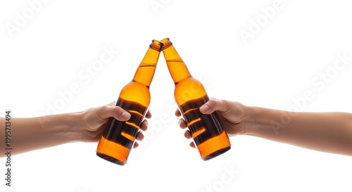 Two hands holding beer bottles clinking together in a toast isolated on white background