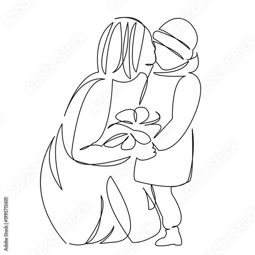 One continuous single drawing line art flat doodle nature, girl, child, family, woman, leaf, childhood. Isolated image hand draw contour on a white background
