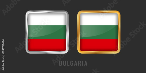High quality 3D glossy square flag of Bulgaria with gold and silver borders. White, green, and red horizontal tricolor national symbol for icons.