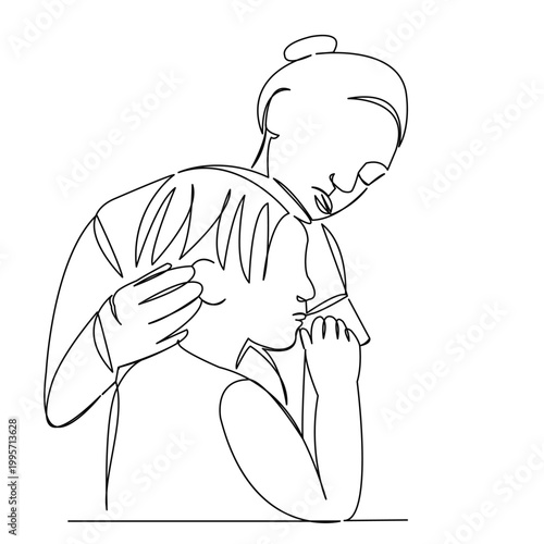 One continuous single drawing line art flat doodle milk, childhood, mother, child, son. Isolated image hand draw contour on a white background
