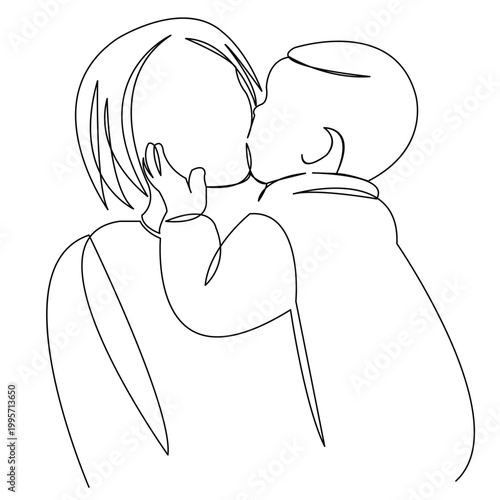 One continuous single drawing line art flat doodle mother, happy, son, child, family, love, mom. Isolated image hand draw contour on a white background
