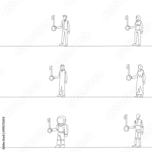 Set of continuous line drawing of a man, woman, Arab, astronaut, and robot holding a large key. A powerful solution concept that works perfectly for a corporate business presentation slide design.