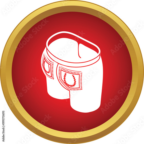 White shorts with decorated pockets in a red circle and gold frame