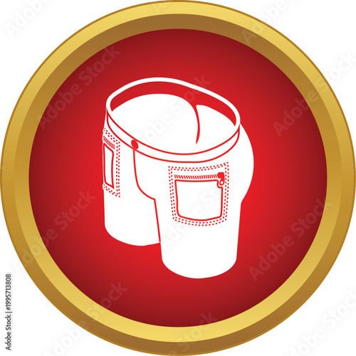 White shorts with pockets icon on a round red and gold button