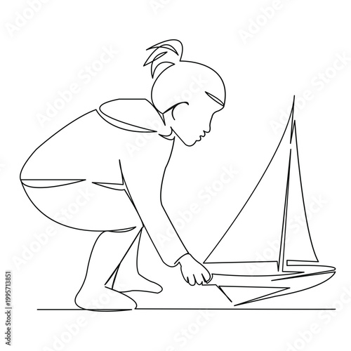 One continuous single drawing line art flat doodle boat, ship, sea, vacation, travel, woman, child, imagination. Isolated image hand draw contour on a white background
