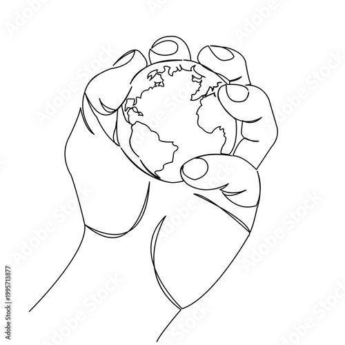 One continuous single drawing line art flat doodle globe, hand, planet, squeeze, earth, environmental, finger. Isolated image hand draw contour on a white background
