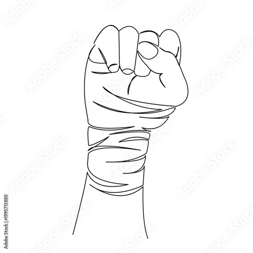 One continuous single drawing line art flat doodle hand, isolated, fist, power, sign, symbol, gesture, concept, victory. Isolated image hand draw contour on a white background
