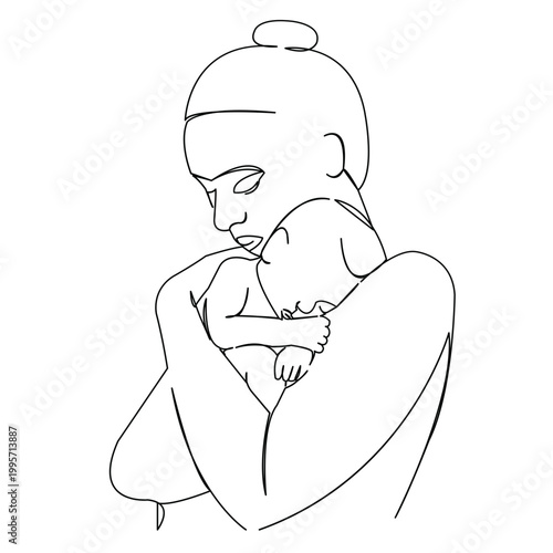 One continuous single drawing line art flat doodle mother, newborn, baby, family, woman, motherhood. Isolated image hand draw contour on a white background
