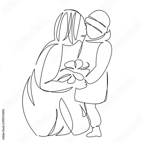 One continuous single drawing line art flat doodle nature, girl, child, family, woman, leaf, childhood. Isolated image hand draw contour on a white background
