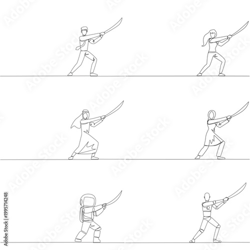 Set of continuous line drawing of a man, woman, Arab, astronaut, and robot holding a sword. An intense battle concept that is extremely appropriate for an engaging self defense class flyer design.