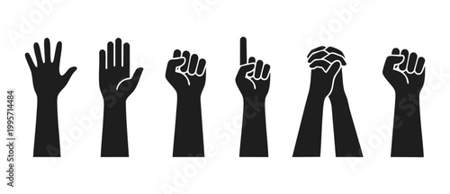 Human Hands Set Silhouette Gestures Showing Various Signs and Expressions of Communication, Support, Protest, and Unity Isolated on White Background for Graphic Design Elements and Web Vector Illustra