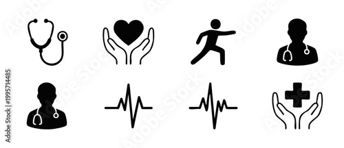 Medical Icons Set Healthcare Symbols Stethoscope Doctor Heartbeat Pulse Fitness Clinic Illustration for Hospital Design Website Interface Vector Graphics Professional Minimalist Black Health Elements