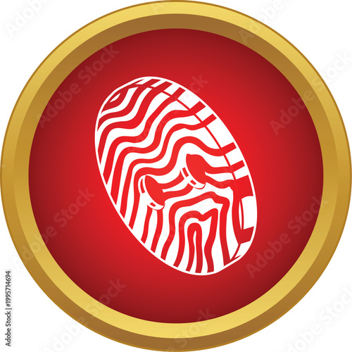 Round button with a red wavy pattern and golden frame in an icon style