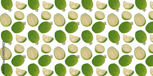 Seamless Pattern Feijoa Fruit Whole Half Fresh Exotic Food