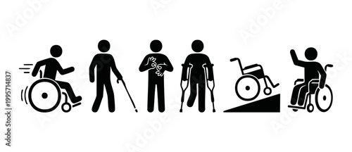 Disability icons set with people using wheelchairs, crutches, and blind walking cane, representing inclusive accessibility, medical recovery, and diverse physical support needs in a simple flat black