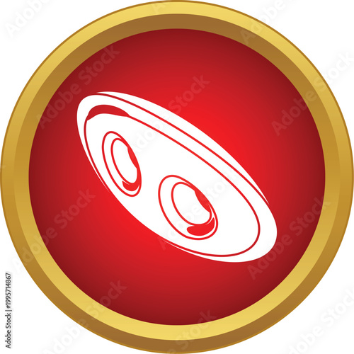White clothing button found inside a red circle with a golden border