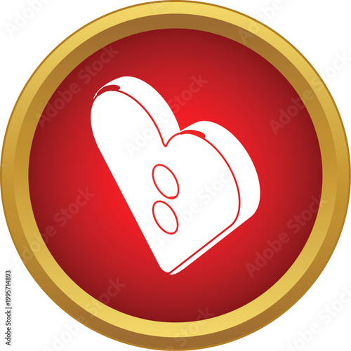 White 3d heart button with two holes on a red circle with gold trim