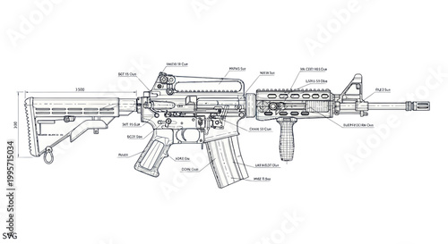 Assault Rifle Blueprint, Technical Drawing, Military Weapon Schematic
