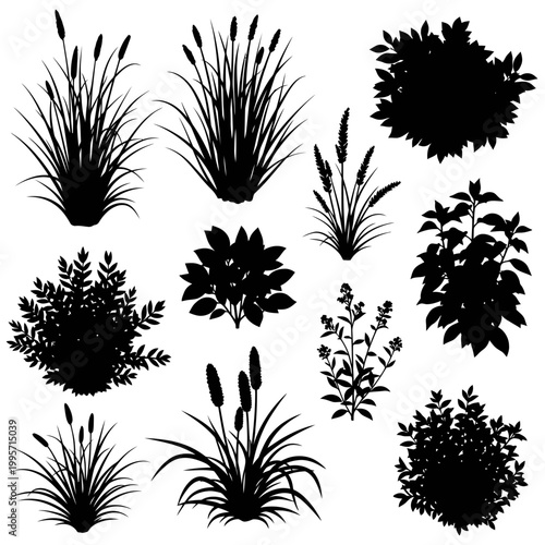 Black Silhouette Plant Collection: Grass, Bushes, and Flowers Vector Graphics