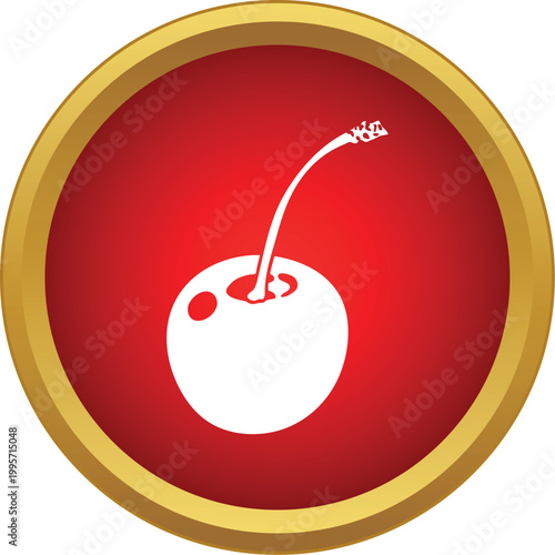 White cherry symbol with a stem in a gold framed red circle