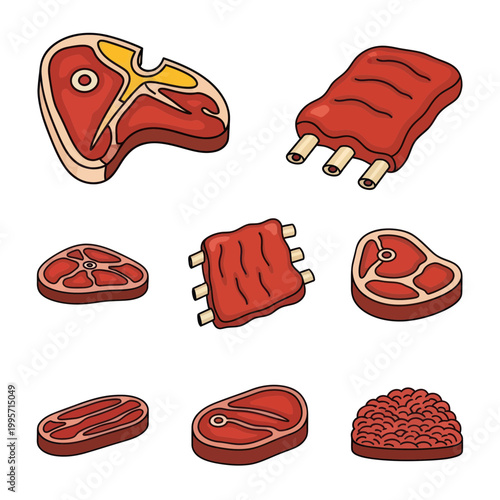 Assorted Raw Meat Cuts Illustration: Steaks, Ribs, and Ground Beef