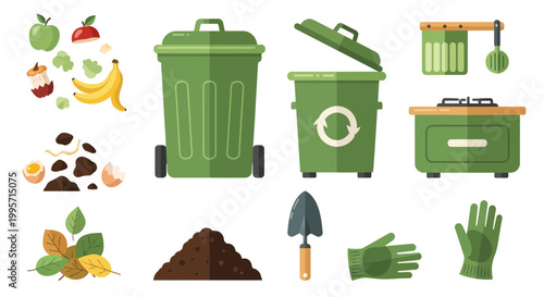 Composting and Recycling Set: Bins, Tools, Organic Waste, Garden Elements
