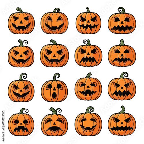 Collection of 16 Halloween Jack-o'-lanterns with different carved faces, isolated on white background.