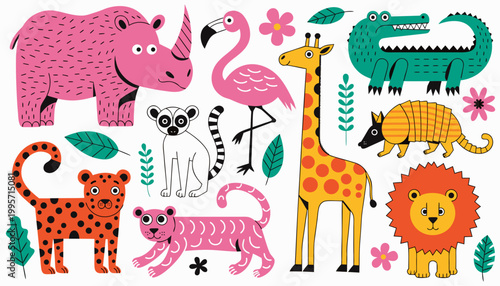 A diverse collection of playful zoo and safari animals. The set includes a pink rhinoceros, a tall giraffe, a bright green crocodile, a regal lion, a leopard, a lemur, a flamingo, and an armadillo.