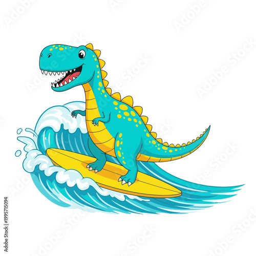 Cute cartoon T-Rex dinosaur surfing on a yellow surfboard on a blue wave