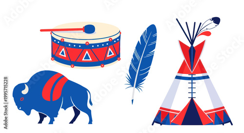 Native American Symbols: Buffalo, Tepee, Drum, Feather