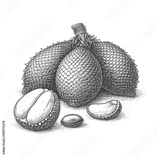 Hand drawn salak snake fruit engraving illustration with whole fruit, peeled flesh and seed vintage style