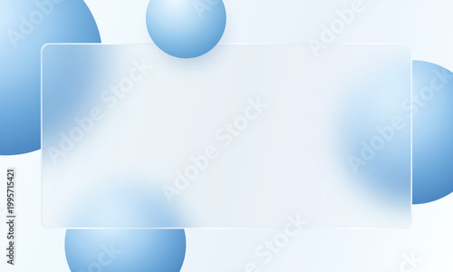 Blue glass morphism horizontal banner with translucent panel and gradient spheres
