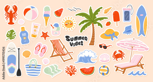 Summer beach sticker set with lobster, palm, chair, ice cream, surf, bag, crab. Vacation travel elements for poster design, card, nursery decor, scrapbook. Vector flat illustration