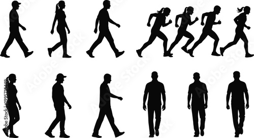 Set of walking and running people silhouettes in different poses isolated on white background showing motion speed and human activity
