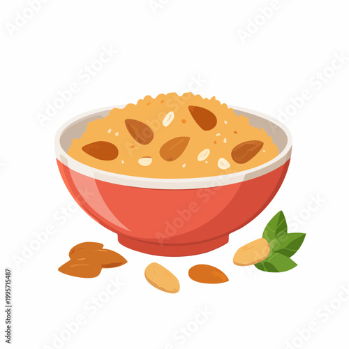 Bowl of Oatmeal with Almonds and Mint Leaves