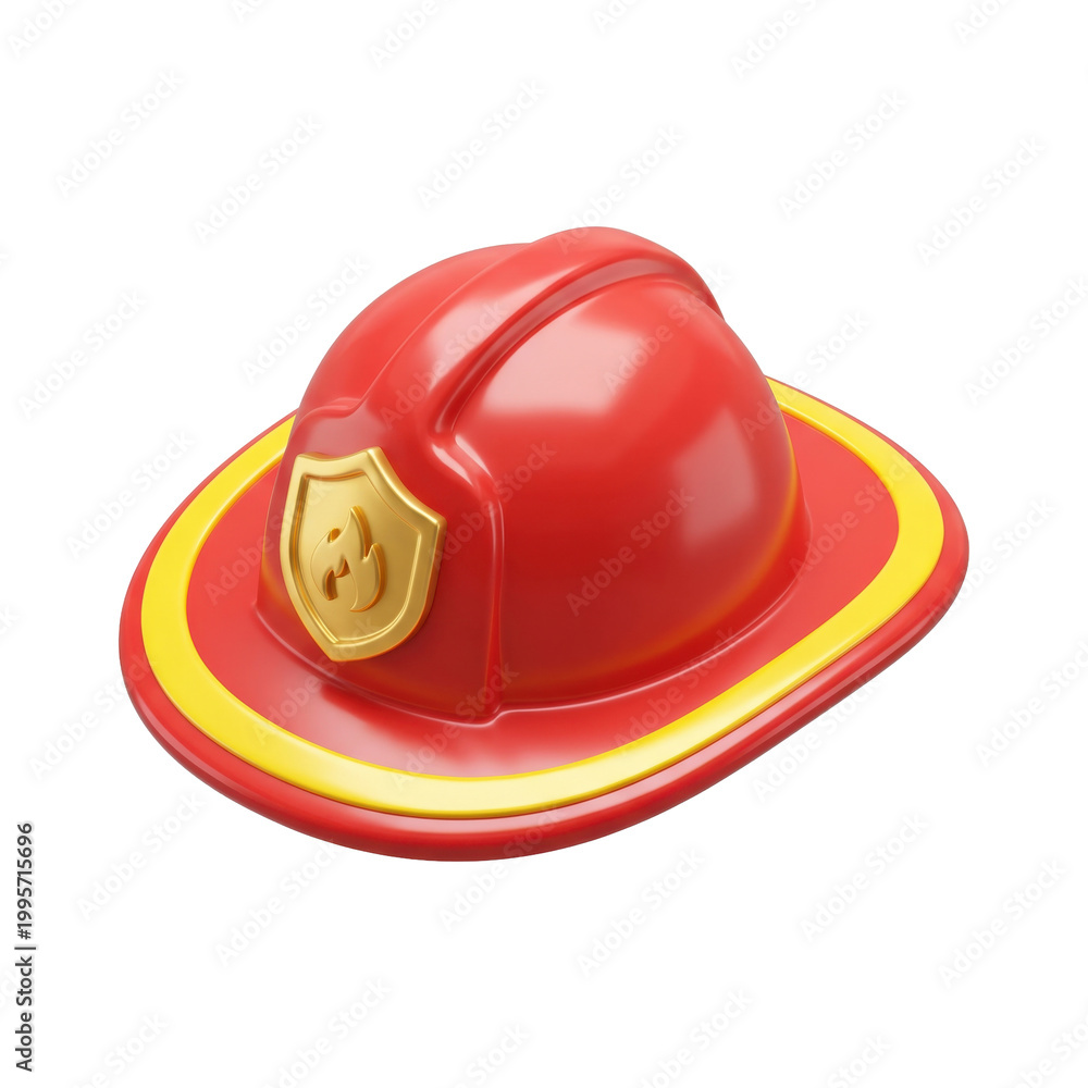 Fototapeta premium Red Firefighter Hat with Yellow Stripe and Gold Badge.
