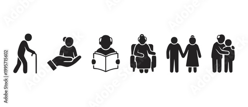 Elderly Care Icons Set - Senior Support and Lifestyle Symbols featuring Retirement, Nursing Home Assistance, Grandparents, and Healthy Aging concepts in a professional black vector graphic style.